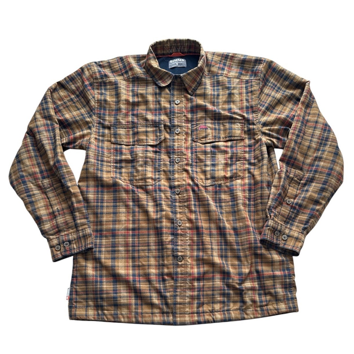 Simms Flannel Shacket Shirt Mens Medium Tan Red Blue Plaid Lined Fishing Outdoor